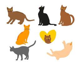 A collection of adorable cats depicting members of the feline family in different poses and different colors, including black, orange and gray cat vector