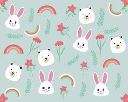Seamless pattern with a cute bunny and a bear, with flowers, leaves and a rainbow on a colored background. An element for printing, textures, fabrics, and wrappers vector
