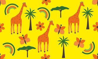 Seamless pattern with cute giraffe,butterfly,palm tree,rainbow and tree on yellow background. Elements for printing, textures, fabrics, wraps vector