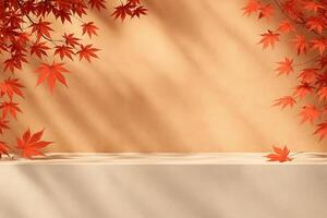 Autumn scene with red maple leaves framing a neutral background, symbolizing fall, seasonal change, nature, and tranquility in a warm, inviting environment photo