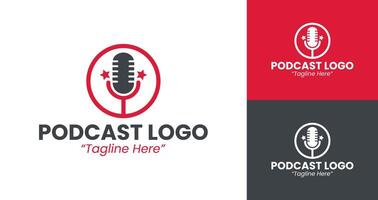 Creative Podcast Logo with Red Microphone Icon and Gray Circular Frame vector