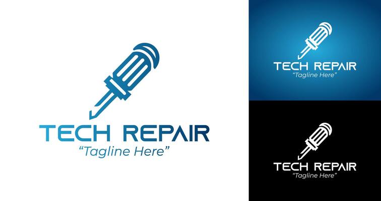 Minimalist Blue Tech Repair Logo with Angled Screwdriver Icon for Innovative Service Branding