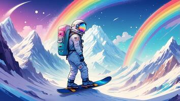 an astronaut on a snowboard in front of a rainbow photo