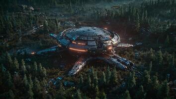 the alien spaceship is in the middle of a forest photo
