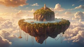 an island floating in the sky with a lighthouse photo