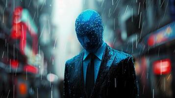 A man in a suit and tie standing in the rain photo
