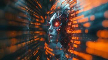 A woman with glowing eyes in front of a computer screen photo