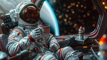 Astronaut drinking coffee in space photo