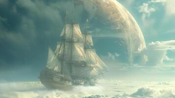 An old ship in the ocean with a planet in the background photo