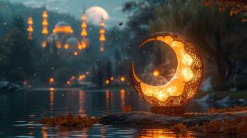 A crescent moon is lit up by the moon in front of a lake photo