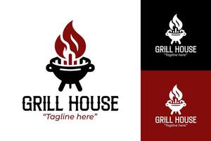 Premium Grill House Logo Design with Fire and Black and Red Colors for Branding vector