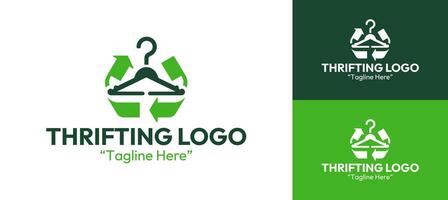 Minimalist Green Thrift Shop Logo with Hanger and Recycle Arrows in Simple Circular Shape vector
