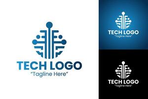 High-Tech Logo with Circular Design and Abstract Technology Symbols in Blue vector