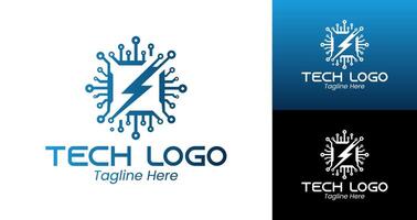 Modern Tech Logo with Circuit Design and Power Symbol in Blue and White vector
