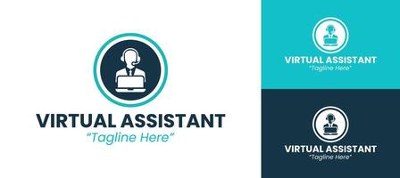 Modern Virtual Assistant Logo with Headset and Laptop Symbol in Teal and Blue Color Scheme vector