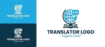 Creative Translator Logo in Blue with Globe and Chat Bubble Above Book Symbol for Language App vector