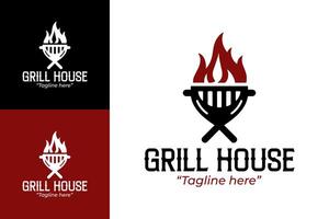 Modern Grill House Logo Design with Flame Icon and Red and Black Color Scheme vector