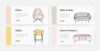 Bundle of web banner templates with various types of cozy furnishings in trendy Scandic style and place for text. Colorful hand drawn illustration for furniture shop advertisement, promotion. vector