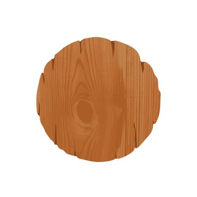 Empty round unhewn wooden signboard with place for information or advertisement. Old circular billboard isolated on white background. Decorative design element. Cartoon colorful illustration.