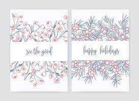 Bundle of flyer or postcard templates with forest cranberries and juniper branches with berries hand drawn with contour lines on white background and holiday wish. Monochrome illustration. vector