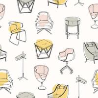 Modern seamless pattern with stylish furniture drawn with contour lines on colored stains and white background. Backdrop with trendy furnishings. Realistic illustration for textile print. vector