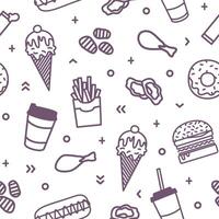 Seamless pattern with delicious fast food meals and snacks drawn with contour lines on white background. Monochrome illustration in linear style for wrapping paper, fabric print, wallpaper. vector