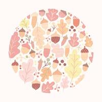 Circular autumn composition with fallen oak tree leaves, acorns and berries isolated on white background. Decorative design element. Colorful seasonal illustration in modern flat style. vector