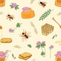 Seamless pattern with honey, bees, honeycomb, linden, acacia, clover plants, jar and dipper on light background. Colorful hand drawn illustration for wrapping paper, fabric print, wallpaper. vector