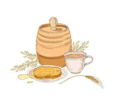 Elegant drawing of barrel, sweet honey on slice of bread or toast lying on plate, cup of tea and acacia inflorescence. Healthy breakfast. Colorful hand drawn illustration in retro style. vector