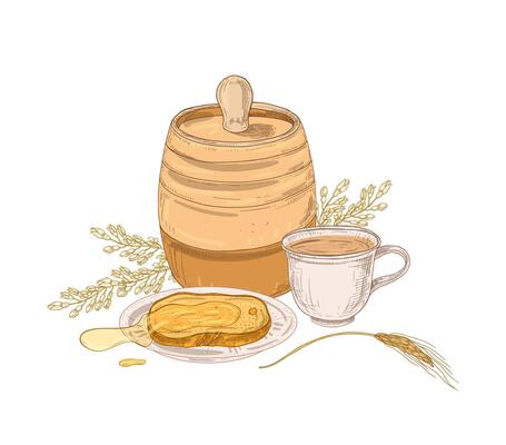 Elegant drawing of barrel, sweet honey on slice of bread or toast lying on plate, cup of tea and acacia inflorescence. Healthy breakfast. Colorful hand drawn illustration in retro style.