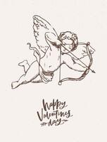 Greeting card, postcard, festive poster template with cute cupid holding bow and arrow and aiming or shooting hand drawn on light background. Monochrome illustration for Valentine's day. vector