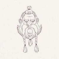 Portrait of angry Scandinavian warrior or berserker with braids hand drawn with outlines on light background. Head of god Odin, Beowulf or legendary Nordic hero. Monochrome illustration. vector
