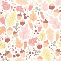 Autumn seamless pattern with fallen oak leaves, acorns, berries on white background. Seasonal backdrop. Colorful illustration in flat style for wrapping paper, textile print, wallpaper. vector