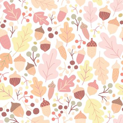 Autumn seamless pattern with fallen oak leaves, acorns, berries on white background. Seasonal backdrop. Colorful illustration in flat style for wrapping paper, textile print, wallpaper.