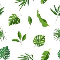 Natural seamless pattern with green tropical leaves or scattered exotic foliage of jungle plants on white background. Hawaiian backdrop. Colored botanical illustration for wrapping paper. vector