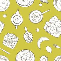 Seamless pattern with served delicious breakfast meals lying on plates hand drawn with contour lines on green background. Monochrome illustration for wrapping paper, wallpaper, fabric print. vector