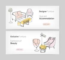 Collection of trendy web banner templates with hand drawn stylish comfortable furnishings and place for text. Colored realistic illustration for furniture store advertisement, promotion. vector