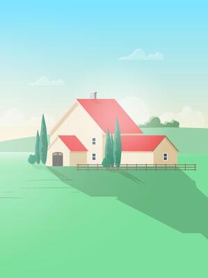 Vertical rural landscape with farm building or cottage and green field or meadow against beautiful sky on background. Gorgeous countryside scenery on sunny day. Colorful illustration.
