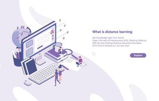 Horizontal web banner template with tiny people standing in front of giant computer and looking at screen. Distance learning, online studying, internet education. Modern isometric illustration. vector