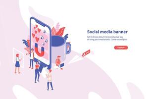 Creative horizontal web banner template with tiny people and giant smartphone. Social media and network tools for internet promotion and advertisement. Modern colorful isometric illustration. vector
