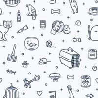 Monochrome seamless pattern with domestic animals and items for pet care and entertainment drawn with contour lines on white background. illustration in modern linear style for fabric print. vector