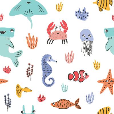 Colorful seamless pattern with funny marine animals or underwater creatures, corals and seaweed on white background. Backdrop with cute sea and ocean dwellers. Flat cartoon illustration.