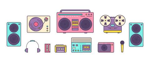 Bundle of retro analog music players, reel-to-reel and cassette recorders, turntable, headphones, mic, loudspeakers isolated on white background. Set of devices from 90s. Colored illustration. vector
