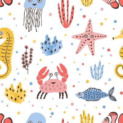 Colored seamless pattern with happy sea and ocean animals on white background - fish, crab, jellyfish, starfish, seahorse. Childish flat cartoon illustration for textile print, wrapping paper.