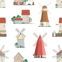 Seamless pattern with various windmills on white background. Backdrop with mills with rotating sails or blades. Colorful illustration in flat cartoon style for wrapping paper, wallpaper. vector