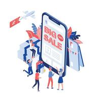 Scene with joyful customers or buyers standing in front of giant smartphone with Big Sale text on screen. Online shopping, internet retail. Modern colored illustration, isometric style. vector