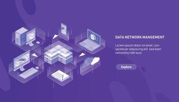 Modern horizontal web banner template with computer, laptop, smartphone, server, router and paper planes flying between them. Data network management. Modern colorful isometric illustration. vector