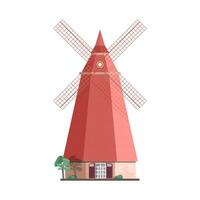 Traditional Dutch windmill isolated on white background. Smock, tower or post mill. Agricultural building or structure with rotating sails or blades. Colorful illustration in flat style. vector