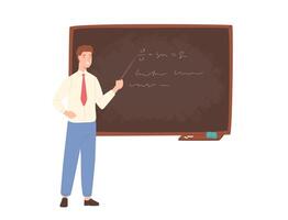 Inspiring male school teacher, university professor or educational worker standing beside chalkboard, holding pointer and giving lecture. Colorful illustration in flat cartoon style. vector