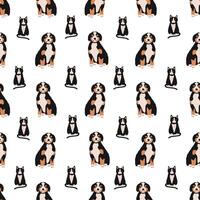 Seamless pattern with adorable cat and dog on white background. Backdrop with pets or domestic animals. Colorful illustration in flat cartoon style for textile print, wrapping paper, wallpaper. vector